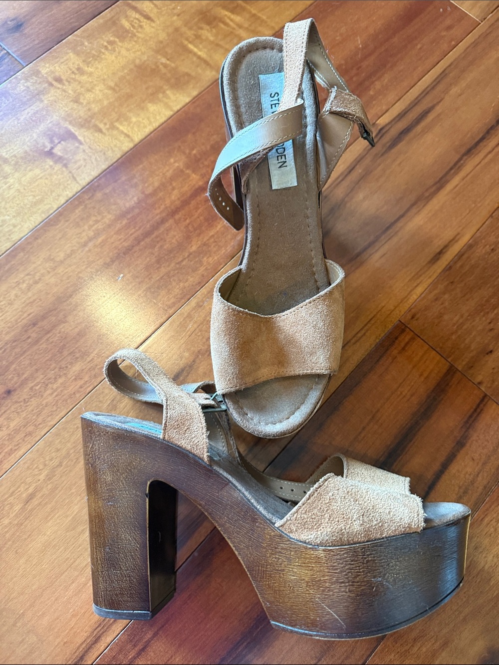 Steve Madden Tan Suede Wedge Sandals with Ankle Strap - Picture 3 of 4